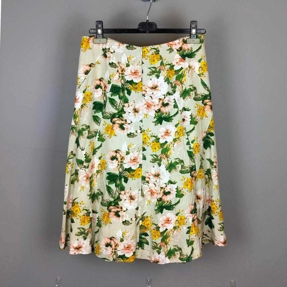 Premise Linen Blend Floral A-Line Midi Skirt Size 6 Yellow Green Botanical